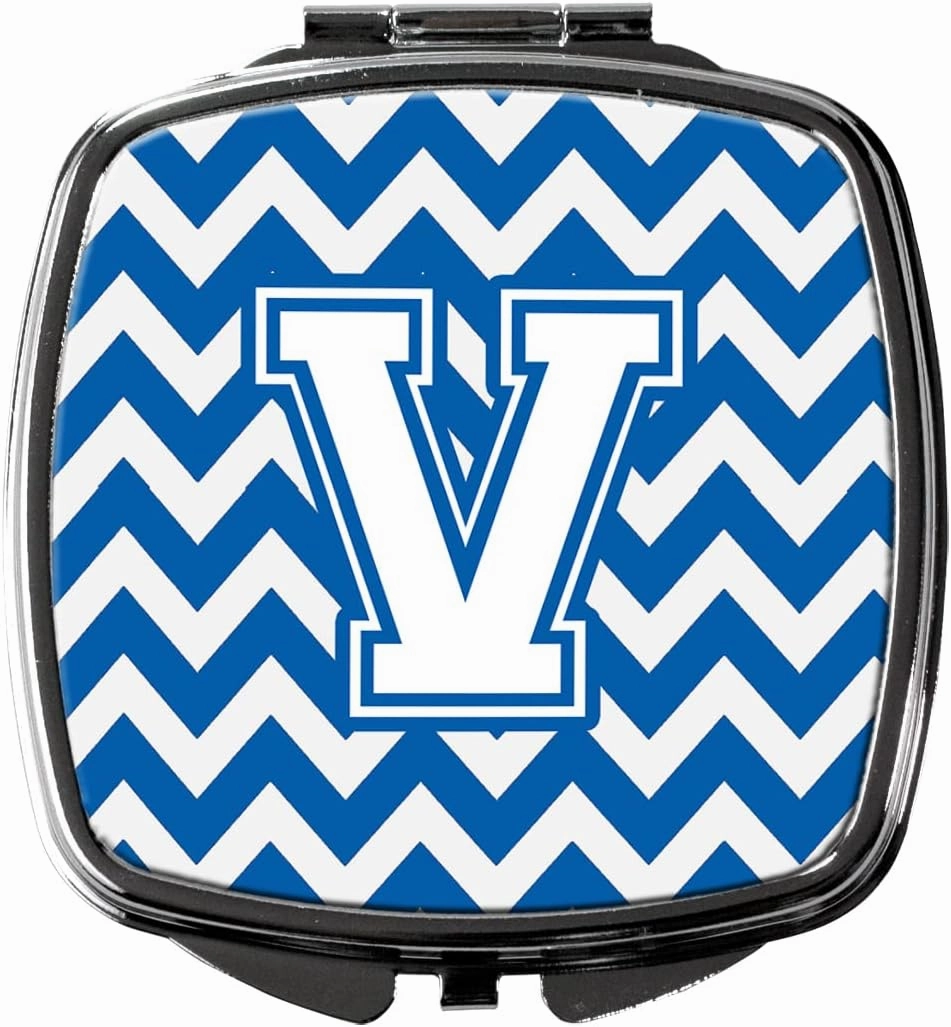 Caroline's Treasures CJ1045-VSCM Letter V Chevron Blue and White Compact Mirror Decorative Travel Makeup Mirror for Women Girls Gifts Pocket Makeup Mirror Folding Handheld