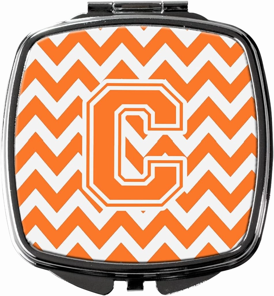 Caroline's Treasures CJ1046-CSCM Letter C Chevron Orange and White Compact Mirror Decorative Travel Makeup Mirror for Women Girls Gifts Pocket Makeup Mirror Folding Handheld