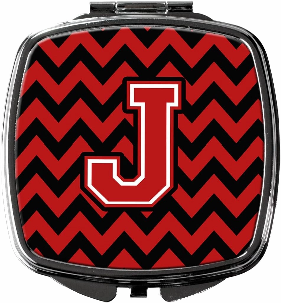 Caroline's Treasures CJ1047-JSCM Letter J Chevron Black and Red Compact Mirror Decorative Travel Makeup Mirror for Women Girls Gifts Pocket Makeup Mirror Folding Handheld