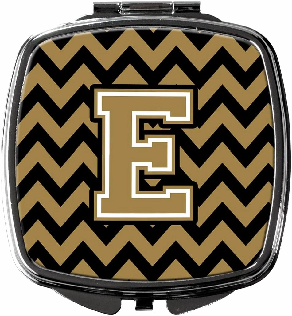 Caroline's Treasures CJ1050-ESCM Letter E Chevron Black and Gold Compact Mirror Decorative Travel Makeup Mirror for Women Girls Gifts Pocket Makeup Mirror Folding Handheld