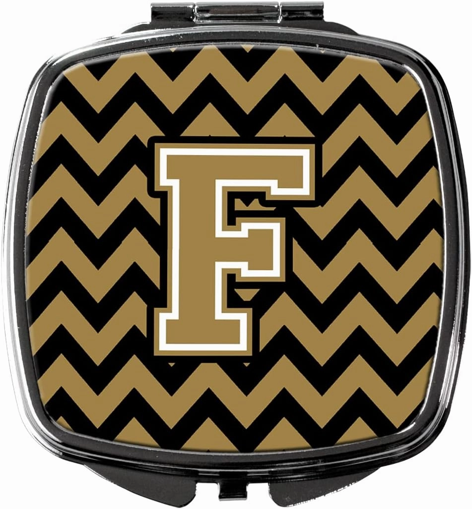 Caroline's Treasures CJ1050-FSCM Letter F Chevron Black and Gold Compact Mirror Decorative Travel Makeup Mirror for Women Girls Gifts Pocket Makeup Mirror Folding Handheld