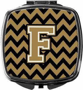Caroline's Treasures CJ1050-FSCM Letter F Chevron Black and Gold Compact Mirror Decorative Travel Makeup Mirror for Women Girls Gifts Pocket Makeup Mirror Folding Handheld