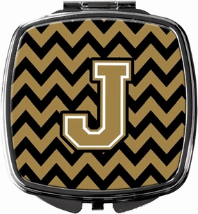 Caroline's Treasures CJ1050-JSCM Letter J Chevron Black and Gold Compact Mirror Decorative Travel Makeup Mirror for Women Girls Gifts Pocket Makeup Mirror Folding Handheld