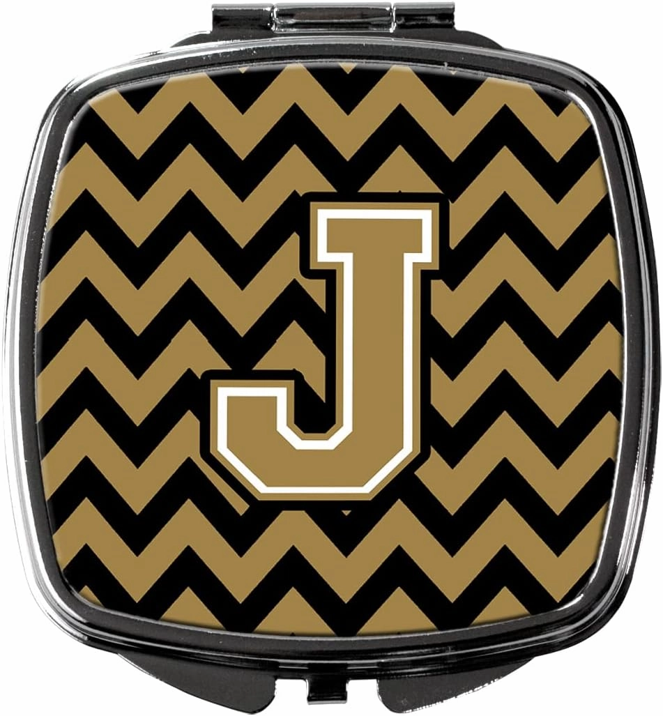 Caroline's Treasures CJ1050-JSCM Letter J Chevron Black and Gold Compact Mirror Decorative Travel Makeup Mirror for Women Girls Gifts Pocket Makeup Mirror Folding Handheld