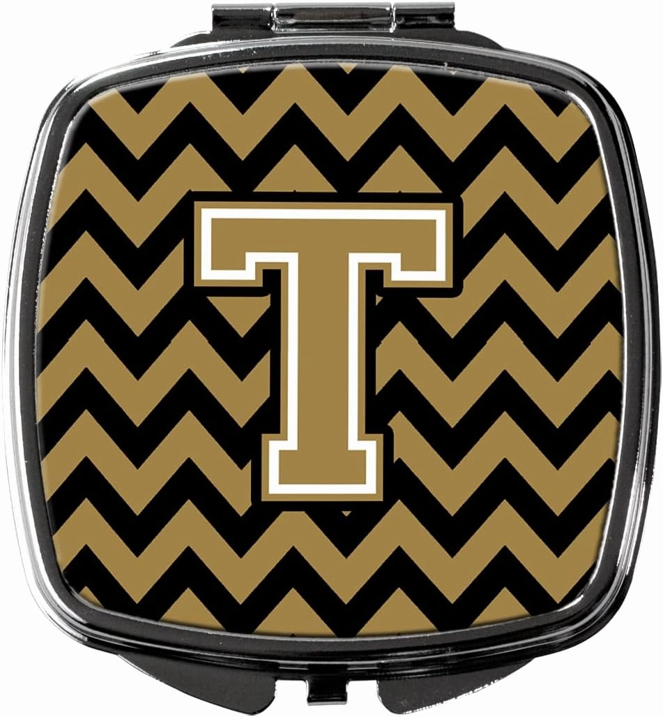 Caroline's Treasures CJ1050-TSCM Letter T Chevron Black and Gold Compact Mirror Decorative Travel Makeup Mirror for Women Girls Gifts Pocket Makeup Mirror Folding Handheld