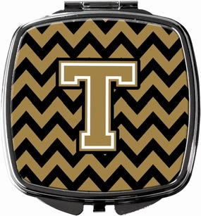 Caroline's Treasures CJ1050-TSCM Letter T Chevron Black and Gold Compact Mirror Decorative Travel Makeup Mirror for Women Girls Gifts Pocket Makeup Mirror Folding Handheld