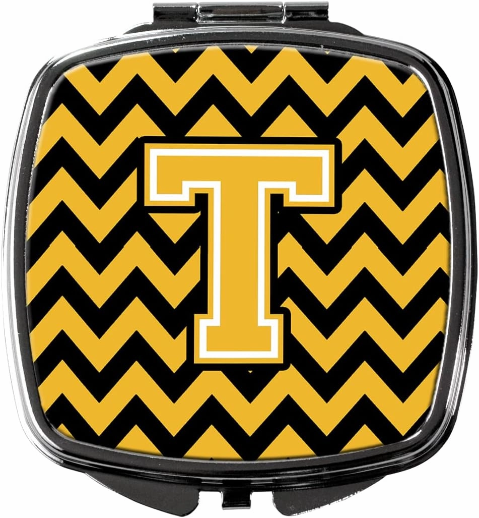 Caroline's Treasures CJ1053-TSCM Letter T Chevron Black and Gold Compact Mirror Decorative Travel Makeup Mirror for Women Girls Gifts Pocket Makeup Mirror Folding Handheld