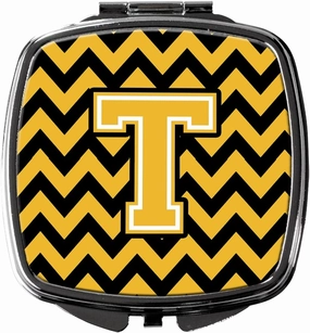 Caroline's Treasures CJ1053-TSCM Letter T Chevron Black and Gold Compact Mirror Decorative Travel Makeup Mirror for Women Girls Gifts Pocket Makeup Mirror Folding Handheld