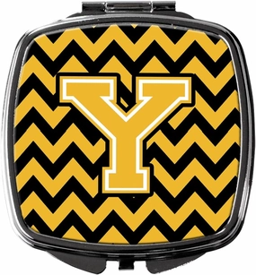 Caroline's Treasures CJ1053-YSCM Letter Y Chevron Black and Gold Compact Mirror Decorative Travel Makeup Mirror for Women Girls Gifts Pocket Makeup Mirror Folding Handheld