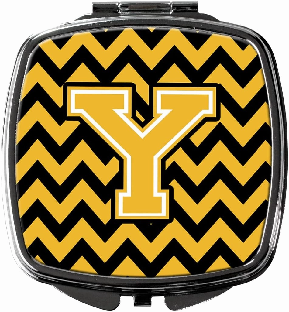 Caroline's Treasures CJ1053-YSCM Letter Y Chevron Black and Gold Compact Mirror Decorative Travel Makeup Mirror for Women Girls Gifts Pocket Makeup Mirror Folding Handheld