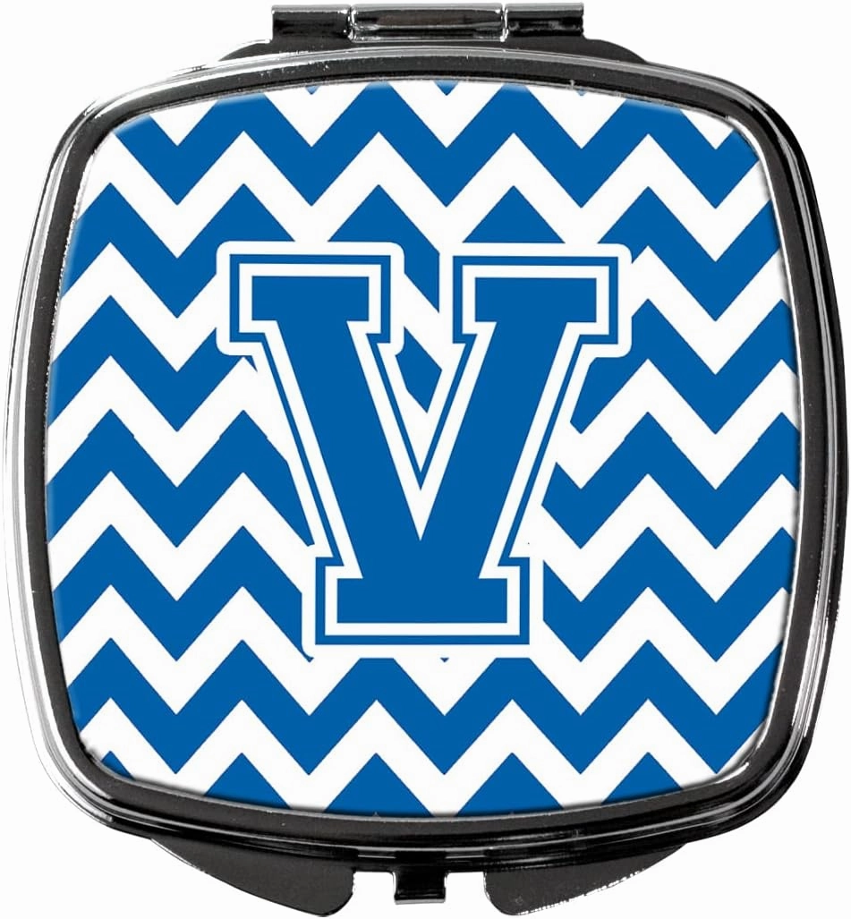 Caroline's Treasures CJ1056-VSCM Letter V Chevron Blue and White Compact Mirror Decorative Travel Makeup Mirror for Women Girls Gifts Pocket Makeup Mirror Folding Handheld