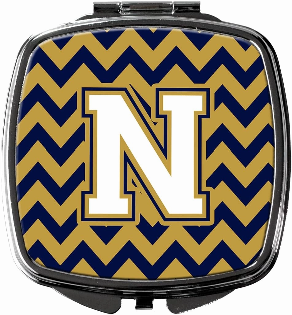Caroline's Treasures CJ1057-NSCM Letter N Chevron Navy Blue and Gold Compact Mirror Decorative Travel Makeup Mirror for Women Girls Gifts Pocket Makeup Mirror Folding Handheld