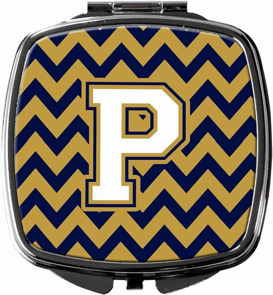 Caroline's Treasures CJ1057-PSCM Letter P Chevron Navy Blue and Gold Compact Mirror Decorative Travel Makeup Mirror for Women Girls Gifts Pocket Makeup Mirror Folding Handheld