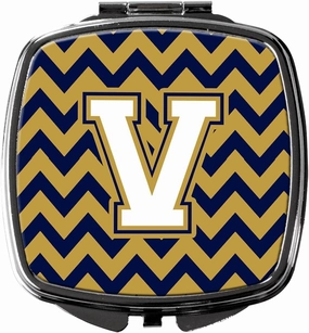 Caroline's Treasures CJ1057-VSCM Letter V Chevron Navy Blue and Gold Compact Mirror Decorative Travel Makeup Mirror for Women Girls Gifts Pocket Makeup Mirror Folding Handheld