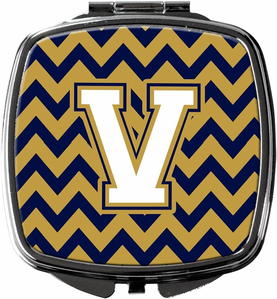 Caroline's Treasures CJ1057-VSCM Letter V Chevron Navy Blue and Gold Compact Mirror Decorative Travel Makeup Mirror for Women Girls Gifts Pocket Makeup Mirror Folding Handheld
