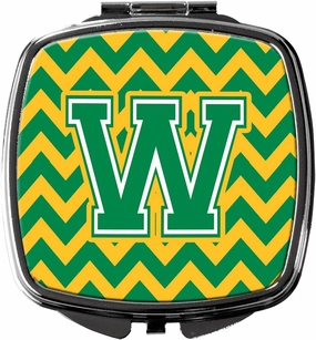 Caroline's Treasures CJ1059-WSCM Letter W Chevron Green and Gold Compact Mirror Decorative Travel Makeup Mirror for Women Girls Gifts Pocket Makeup Mirror Folding Handheld