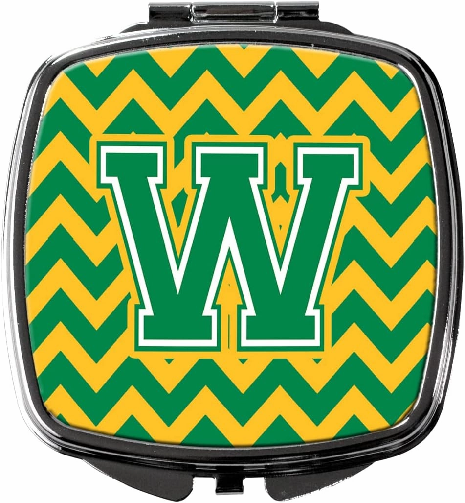 Caroline's Treasures CJ1059-WSCM Letter W Chevron Green and Gold Compact Mirror Decorative Travel Makeup Mirror for Women Girls Gifts Pocket Makeup Mirror Folding Handheld