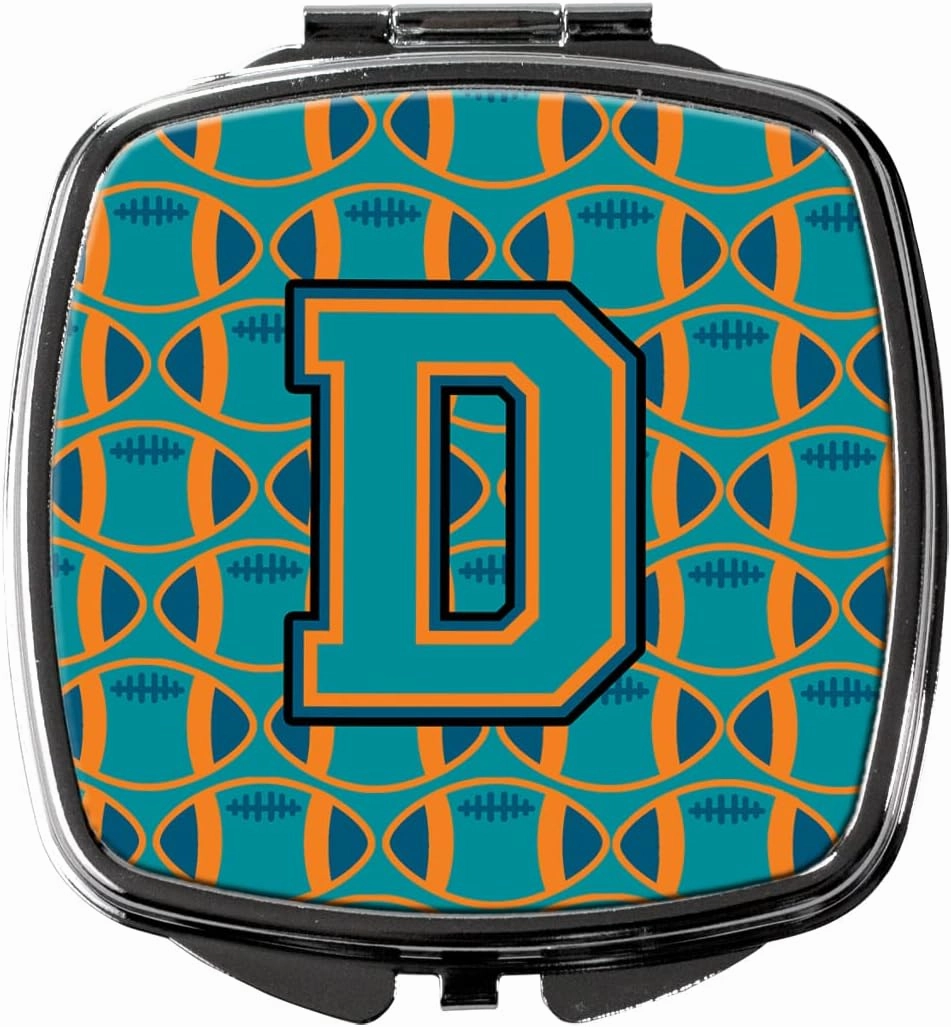 Caroline's Treasures CJ1063-DSCM Letter D Football Aqua, Orange and Marine Blue Compact Mirror Decorative Travel Makeup Mirror for Women Girls Gifts Pocket Makeup Mirror Folding Handheld
