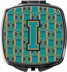 Caroline's Treasures CJ1063-ISCM Letter I Football Aqua, Orange and Marine Blue Compact Mirror Decorative Travel Makeup Mirror for Women Girls Gifts Pocket Makeup Mirror Folding Handheld