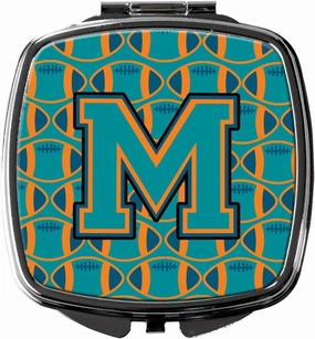 Caroline's Treasures CJ1063-MSCM Letter M Football Aqua, Orange and Marine Blue Compact Mirror Decorative Travel Makeup Mirror for Women Girls Gifts Pocket Makeup Mirror Folding Handheld