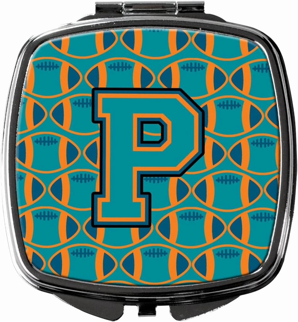 Caroline's Treasures CJ1063-PSCM Letter P Football Aqua, Orange and Marine Blue Compact Mirror Decorative Travel Makeup Mirror for Women Girls Gifts Pocket Makeup Mirror Folding Handheld