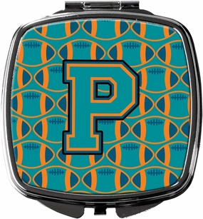 Caroline's Treasures CJ1063-PSCM Letter P Football Aqua, Orange and Marine Blue Compact Mirror Decorative Travel Makeup Mirror for Women Girls Gifts Pocket Makeup Mirror Folding Handheld