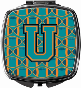Caroline's Treasures CJ1063-USCM Letter U Football Aqua, Orange and Marine Blue Compact Mirror Decorative Travel Makeup Mirror for Women Girls Gifts Pocket Makeup Mirror Folding Handheld
