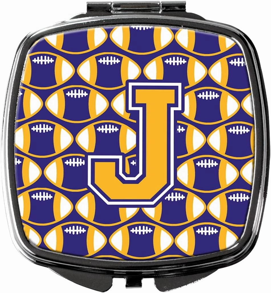 Caroline's Treasures CJ1064-JSCM Letter J Football Purple and Gold Compact Mirror Decorative Travel Makeup Mirror for Women Girls Gifts Pocket Makeup Mirror Folding Handheld
