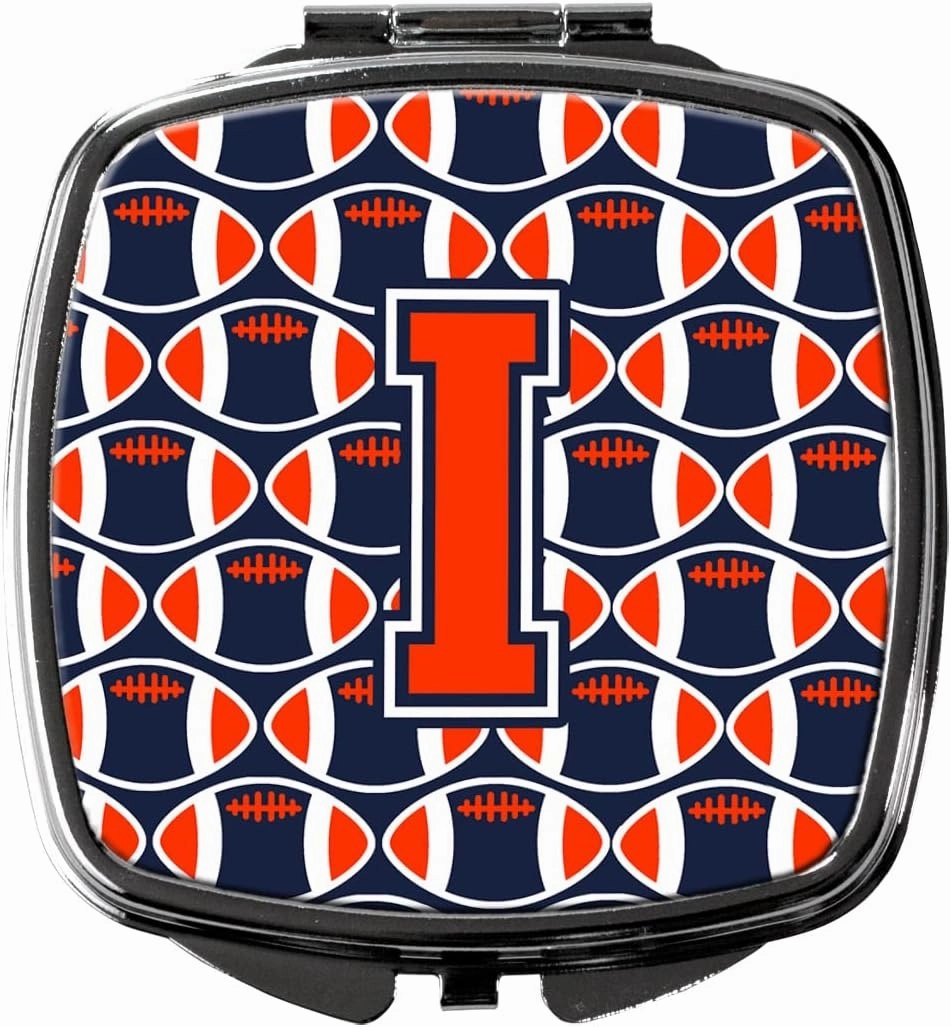 Caroline's Treasures CJ1066-ISCM Letter I Football Orange, Blue and white Compact Mirror Decorative Travel Makeup Mirror for Women Girls Gifts Pocket Makeup Mirror Folding Handheld