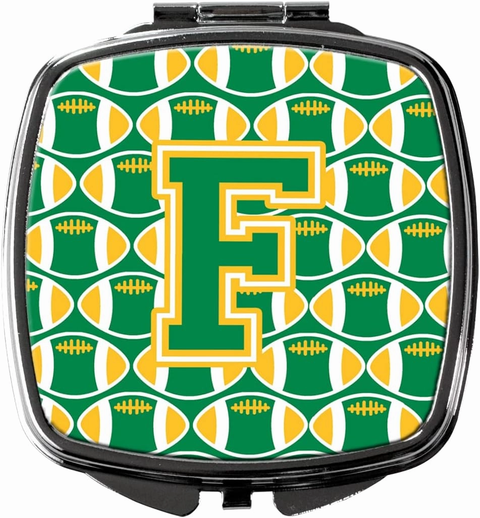 Caroline's Treasures CJ1069-FSCM Letter F Football Green and Gold Compact Mirror Decorative Travel Makeup Mirror for Women Girls Gifts Pocket Makeup Mirror Folding Handheld