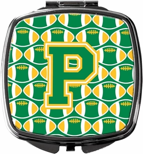 Caroline's Treasures CJ1069-PSCM Letter P Football Green and Gold Compact Mirror Decorative Travel Makeup Mirror for Women Girls Gifts Pocket Makeup Mirror Folding Handheld