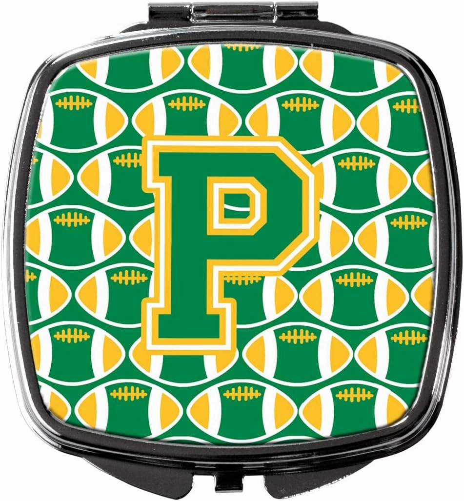 Caroline's Treasures CJ1069-PSCM Letter P Football Green and Gold Compact Mirror Decorative Travel Makeup Mirror for Women Girls Gifts Pocket Makeup Mirror Folding Handheld