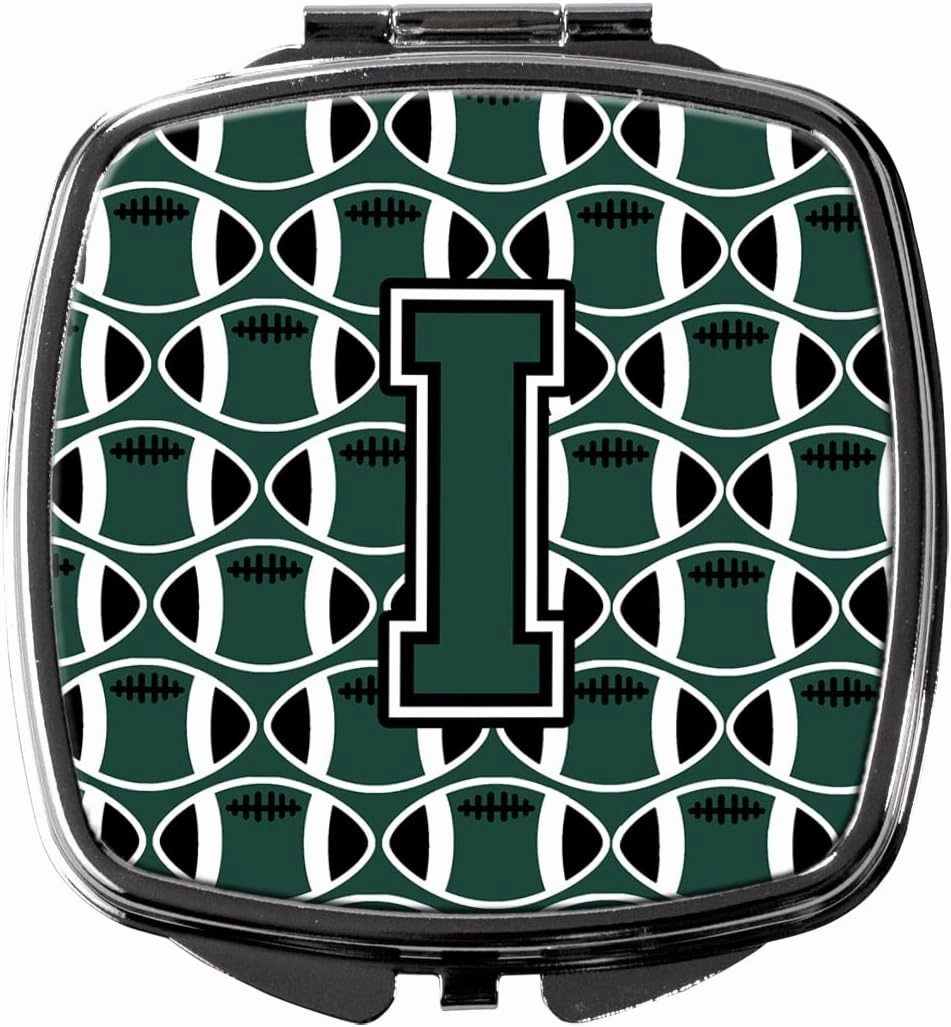 Caroline's Treasures CJ1071-ISCM Letter I Football Green and White Compact Mirror Decorative Travel Makeup Mirror for Women Girls Gifts Pocket Makeup Mirror Folding Handheld