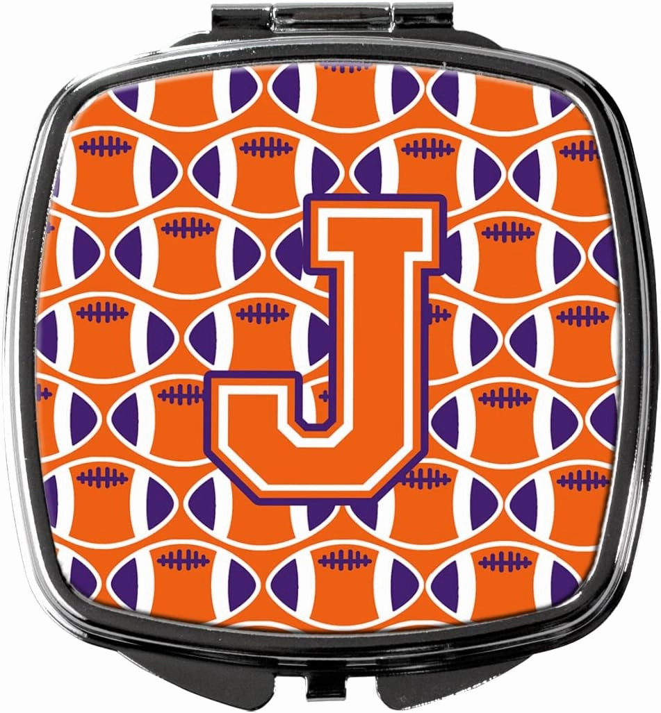 Caroline's Treasures CJ1072-JSCM Letter J Football Orange, White and Regalia Compact Mirror Decorative Travel Makeup Mirror for Women Girls Gifts Pocket Makeup Mirror Folding Handheld