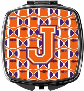 Caroline's Treasures CJ1072-JSCM Letter J Football Orange, White and Regalia Compact Mirror Decorative Travel Makeup Mirror for Women Girls Gifts Pocket Makeup Mirror Folding Handheld