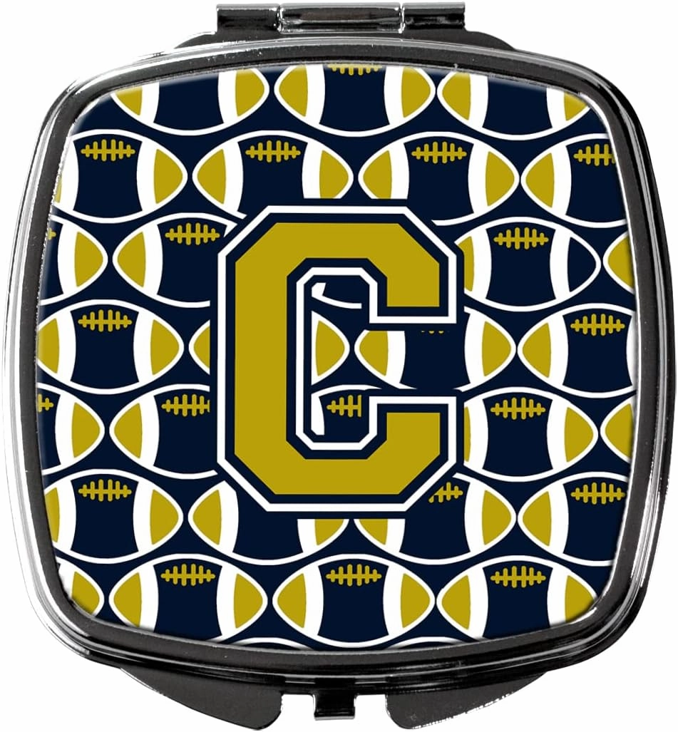 Caroline's Treasures CJ1074-CSCM Letter C Football Blue and Gold Compact Mirror Decorative Travel Makeup Mirror for Women Girls Gifts Pocket Makeup Mirror Folding Handheld