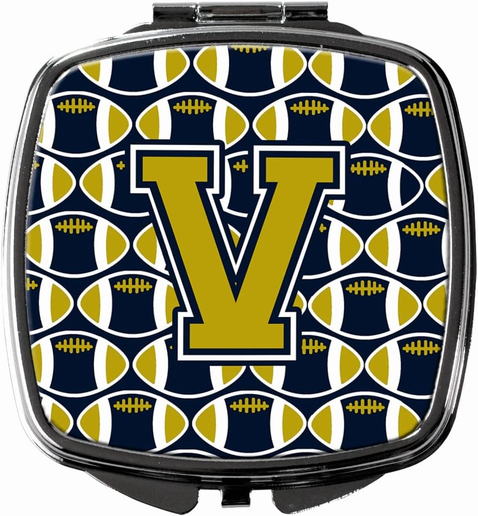 Caroline's Treasures CJ1074-VSCM Letter V Football Blue and Gold Compact Mirror Decorative Travel Makeup Mirror for Women Girls Gifts Pocket Makeup Mirror Folding Handheld