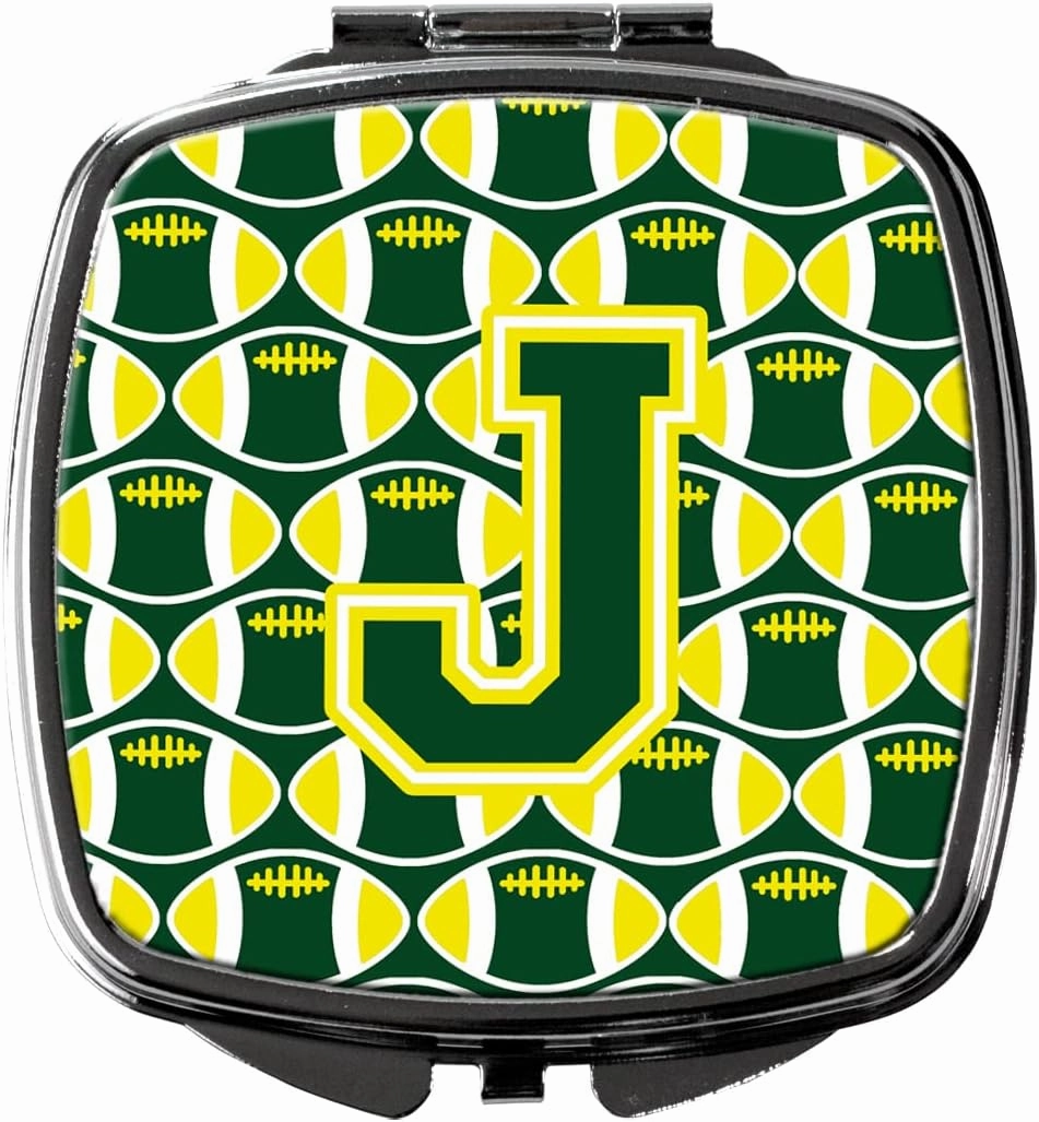 Caroline's Treasures CJ1075-JSCM Letter J Football Green and Yellow Compact Mirror Decorative Travel Makeup Mirror for Women Girls Gifts Pocket Makeup Mirror Folding Handheld