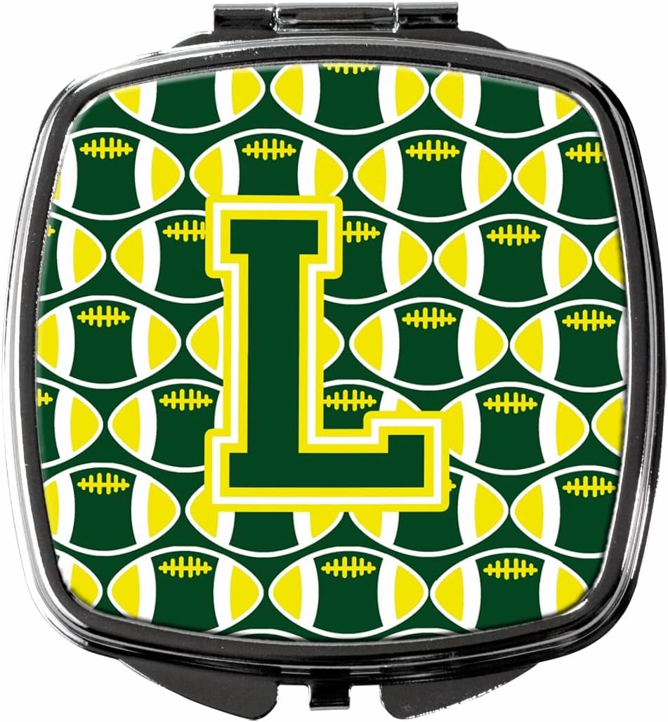 Caroline's Treasures CJ1075-LSCM Letter L Football Green and Yellow Compact Mirror Decorative Travel Makeup Mirror for Women Girls Gifts Pocket Makeup Mirror Folding Handheld