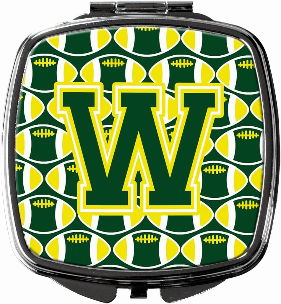 Caroline's Treasures CJ1075-WSCM Letter W Football Green and Yellow Compact Mirror Decorative Travel Makeup Mirror for Women Girls Gifts Pocket Makeup Mirror Folding Handheld