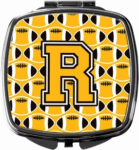 Caroline's Treasures CJ1080-RSCM Letter R Football Black, Old Gold and White Compact Mirror Decorative Travel Makeup Mirror for Women Girls Gifts Pocket Makeup Mirror Folding Handheld