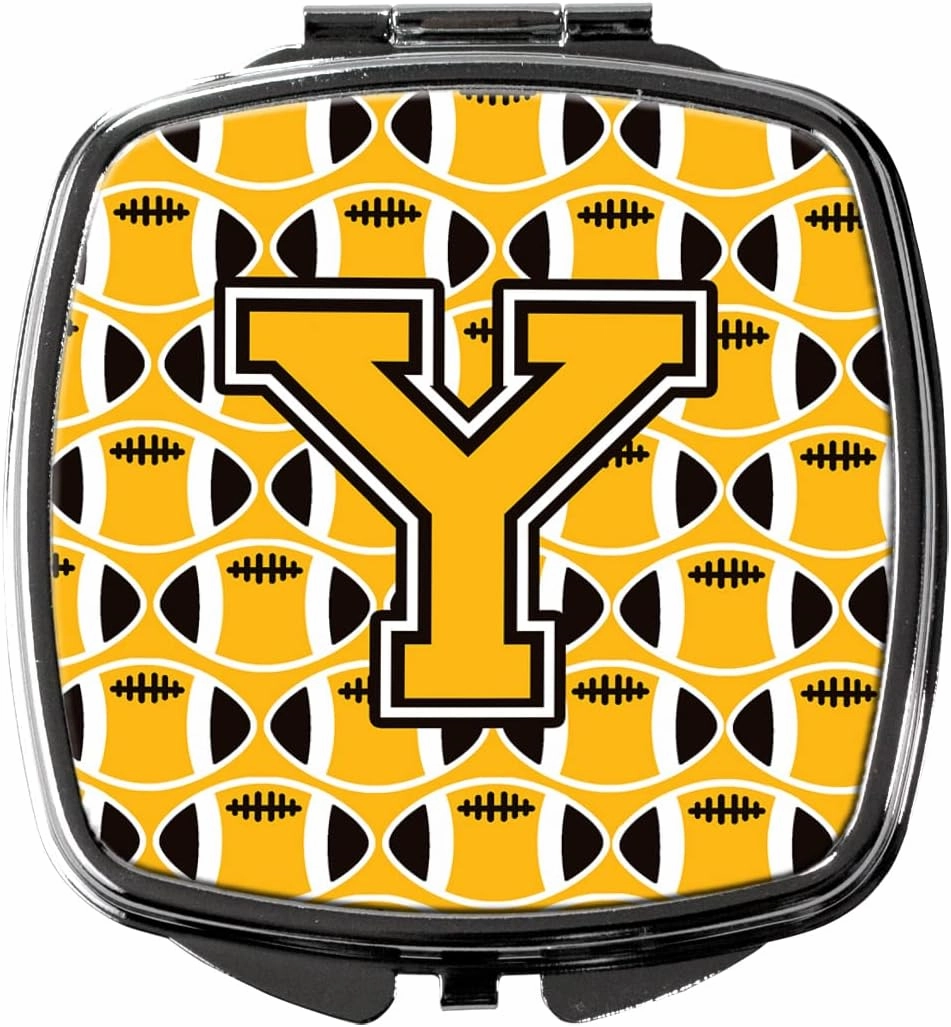 Caroline's Treasures CJ1080-YSCM Letter Y Football Black, Old Gold and White Compact Mirror Decorative Travel Makeup Mirror for Women Girls Gifts Pocket Makeup Mirror Folding Handheld