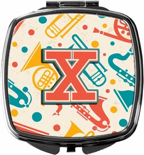 Caroline's Treasures CJ2001-XSCM Letter X Retro Teal Orange Musical Instruments Initial Compact Mirror Decorative Travel Makeup Mirror for Women Girls Gifts Pocket Makeup Mirror Folding Handheld