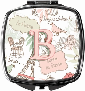 Caroline's Treasures CJ2002-BSCM Letter B Love in Paris Pink Compact Mirror Decorative Travel Makeup Mirror for Women Girls Gifts Pocket Makeup Mirror Folding Handheld