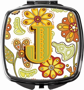 Caroline's Treasures CJ2003-JSCM Letter J Floral Mustard and Green Compact Mirror Decorative Travel Makeup Mirror for Women Girls Gifts Pocket Makeup Mirror Folding Handheld
