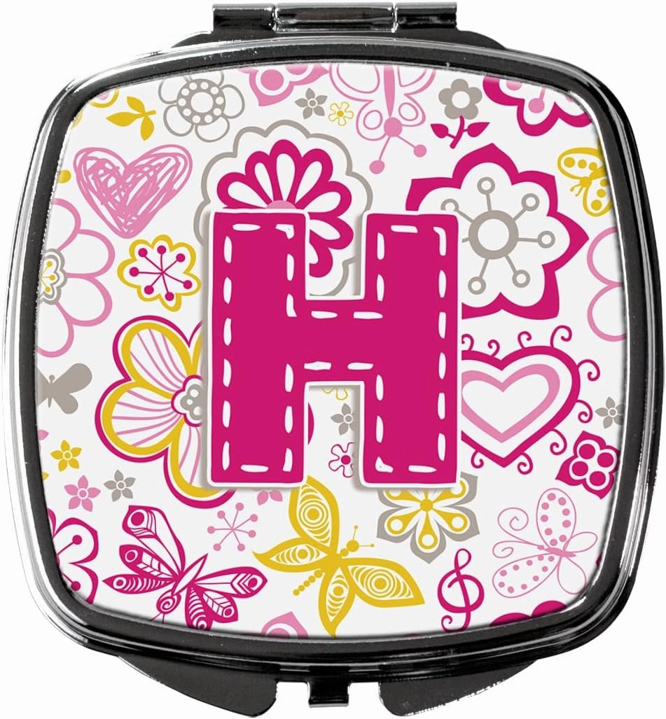 Caroline's Treasures CJ2005-HSCM Letter H Flowers and Butterflies Pink Compact Mirror Decorative Travel Makeup Mirror for Women Girls Gifts Pocket Makeup Mirror Folding Handheld