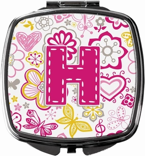 Caroline's Treasures CJ2005-HSCM Letter H Flowers and Butterflies Pink Compact Mirror Decorative Travel Makeup Mirror for Women Girls Gifts Pocket Makeup Mirror Folding Handheld