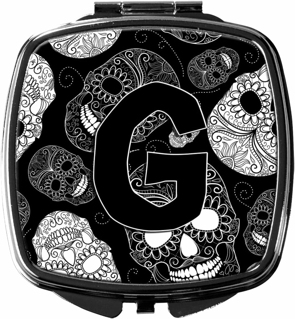Caroline's Treasures CJ2008-GSCM Letter G Day of the Dead Skulls Black Compact Mirror Decorative Travel Makeup Mirror for Women Girls Gifts Pocket Makeup Mirror Folding Handheld