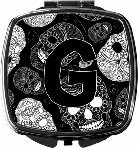 Caroline's Treasures CJ2008-GSCM Letter G Day of the Dead Skulls Black Compact Mirror Decorative Travel Makeup Mirror for Women Girls Gifts Pocket Makeup Mirror Folding Handheld