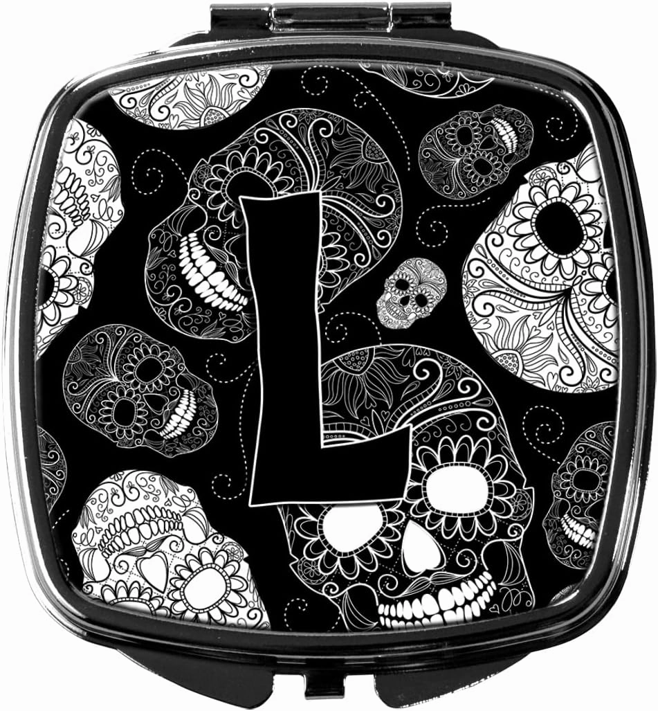 Caroline's Treasures CJ2008-LSCM Letter L Day of the Dead Skulls Black Compact Mirror Decorative Travel Makeup Mirror for Women Girls Gifts Pocket Makeup Mirror Folding Handheld